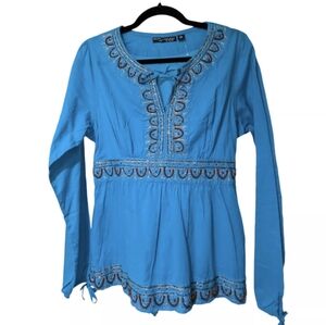 Boho Chic Top BCIH  Women's Blouse Embellished Peasant Large Teal Blue Cotton